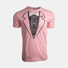 Load image into Gallery viewer, Pink t-shirt with black and white tuxedo graphic on front. Black Dick&#39;s Drive-In cloud logo on left &quot;lapel&quot;
