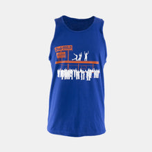 Load image into Gallery viewer, Royal blue men&#39;s tank top with orange and white graphic of Macklemore dancing on Dick&#39;s Drive-In roof on front
