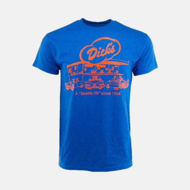 Royal blue t-shirt with orange Dick's Drive-In classic restaurant logo graphic and 