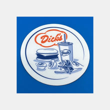 Load image into Gallery viewer, Dick's Drive-In blue and orange Deluxe, fry, milkshake and condiments graphic circle sticker