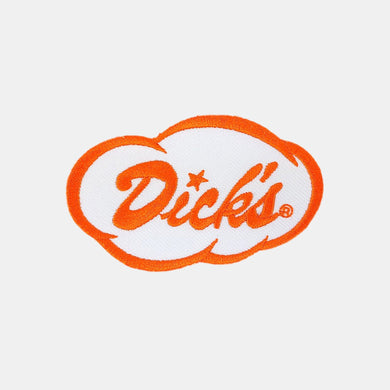 Woven Dick's Drive-In cloud logo iron-on patch. White cloud with orange outline and script