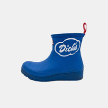 Load image into Gallery viewer, Royal blue rain boot with Dick&#39;s Drive-In white cloud logo vinyl decal on side
