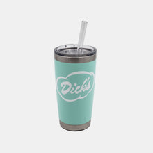 Load image into Gallery viewer, Mint green drink tumbler with Dick&#39;s Drive-In white cloud logo vinyl decal on side
