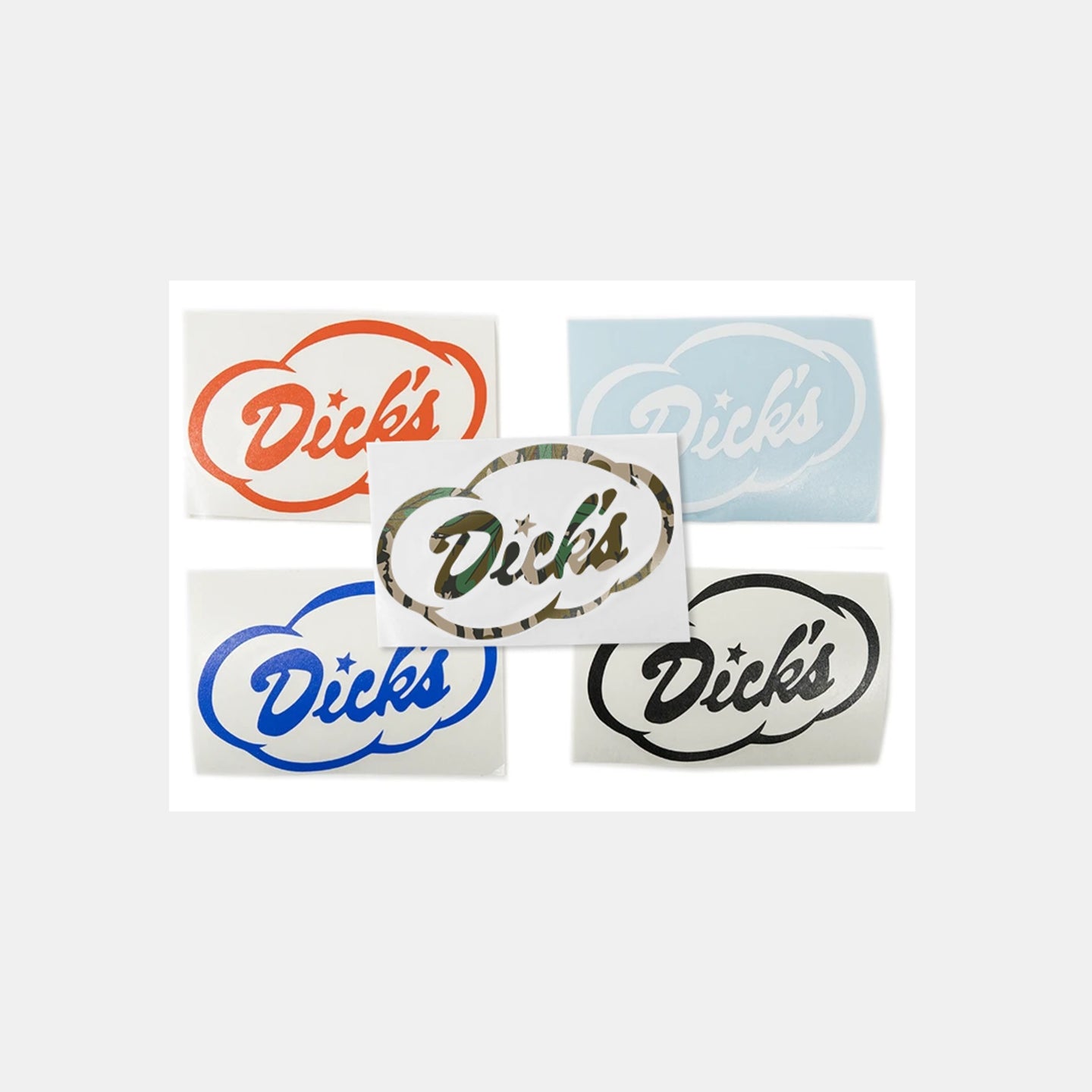 Dick's Drive-In Cloud logo vinyl decals in orange, white, black blue and camo pattern