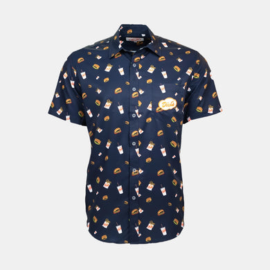 Navy blue short sleeve button up shirt w/ all over burger, fry, shake pattern & woven orange cloud logo on front left pocket