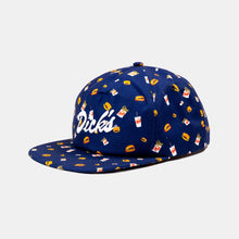 Load image into Gallery viewer, Side view navy blue snapback hat with all over burger, fry, and milkshake pattern and white DDIR &quot;Dick&#39;s&quot; embroidered script
