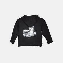 Load image into Gallery viewer, Black long sleeve hoodie sweatshirt with graphic white Dick&#39;s Drive-In burger fry, shake and condiments design on back
