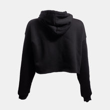 Load image into Gallery viewer, Back of black cropped women&#39;s hoodie
