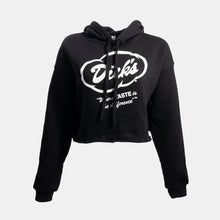 Load image into Gallery viewer, Black cropped women&#39;s hoodie with white Dick&#39;s Drive-In cloud logo and &quot;Where taste is the difference&quot; tagline on front
