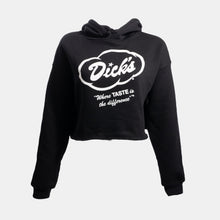 Load image into Gallery viewer, Black cropped women&#39;s hoodie with white Dick&#39;s Drive-In cloud logo and &quot;Where taste is the difference&quot; tagline on front
