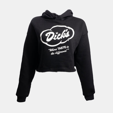 Black cropped women's hoodie with white Dick's Drive-In cloud logo and 