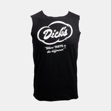 Load image into Gallery viewer, Black sleeveless tee with cut out neck, white Dick&#39;s Drive-In cloud logo and &quot;Where taste is the difference&quot; tagline on front
