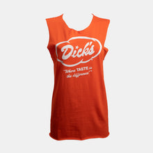 Load image into Gallery viewer, Orange sleeveless tee with cut out neck, white Dick&#39;s Drive-In cloud logo &amp; &quot;Where taste is the difference&quot; tagline on front
