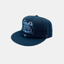 Load image into Gallery viewer, Navy snapback hat w/ light blue "Dick's" script tentacle/pylon sign graphic & navy laces w/ light blue Dick's cloud logo clip
