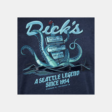 Load image into Gallery viewer, Close up view navy tee w/ lt. blue &quot;Dick&#39;s&quot; script, tentacle/pylon sign graphic &amp; A Seattle Legend Since 1954 tagline 
