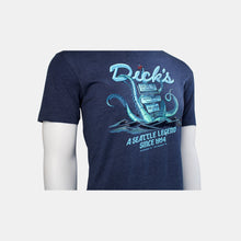 Load image into Gallery viewer, Side view navy t-shirt with &quot;Dick&#39;s&quot; script, tentacle/pylon sign graphic &amp; A Seattle Legend Since 1954 tagline on front
