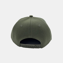 Load image into Gallery viewer, Back view olive green hat with olive  plastic snapback closure