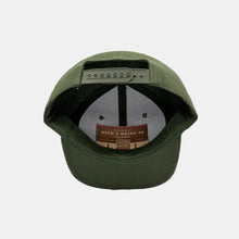 Load image into Gallery viewer, Inside view olive snapback hat with hidden pocket in cap. "Welcome to Dick's Drive-In Country" in tan/brown on pocket