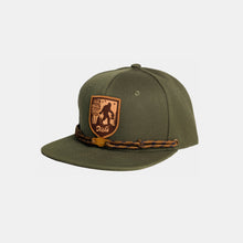 Load image into Gallery viewer, Olive snapback hat w/ tan/brown leather patch w/ Sasquatch carrying DDIR bag. Tan laces & wooden "Dick's" cloud logo clip