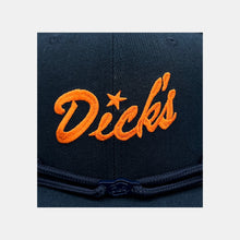 Load image into Gallery viewer, Detail view of  embroidered orange "Dick's" script with navy laces and navy Dick's cloud logo metal clip