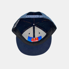 Load image into Gallery viewer, Inside view navy snapback hat with hidden pocket in cap. Red/yellow/white "Dick's" pylon sign on pocket