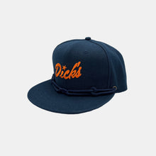 Load image into Gallery viewer, Navy snapback hat w/ embroidered orange "Dick's" script with navy laces and navy Dick's cloud logo metal clip