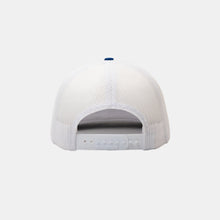 Load image into Gallery viewer, Back view white trucker hat with white plastic snapback closure
