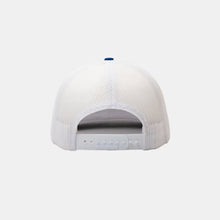 Load image into Gallery viewer, Back view white trucker hat with white plastic snapback closure