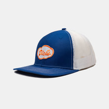 Load image into Gallery viewer, Blue front, white back trucker hat with white stitching. White and orange "Dick's" cloud logo embroidered patch on front