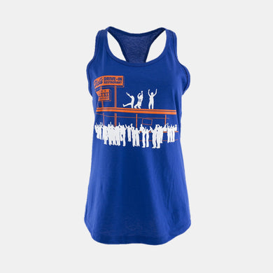 Royal blue women's tank top with orange and white graphic of Macklemore dancing on Dick's Drive-In roof on front