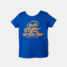 Load image into Gallery viewer, Royal blue t-shirt with orange Dick&#39;s Drive-In classic restaurant logo graphic &amp; &quot;A Seattle Hit since 1954&quot; tagline on front
