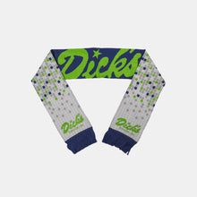 Load image into Gallery viewer, Dick&#39;s Drive-In blue/green reversible woven scarf with square tile pattern on one side and Dick&#39;s script on the other

