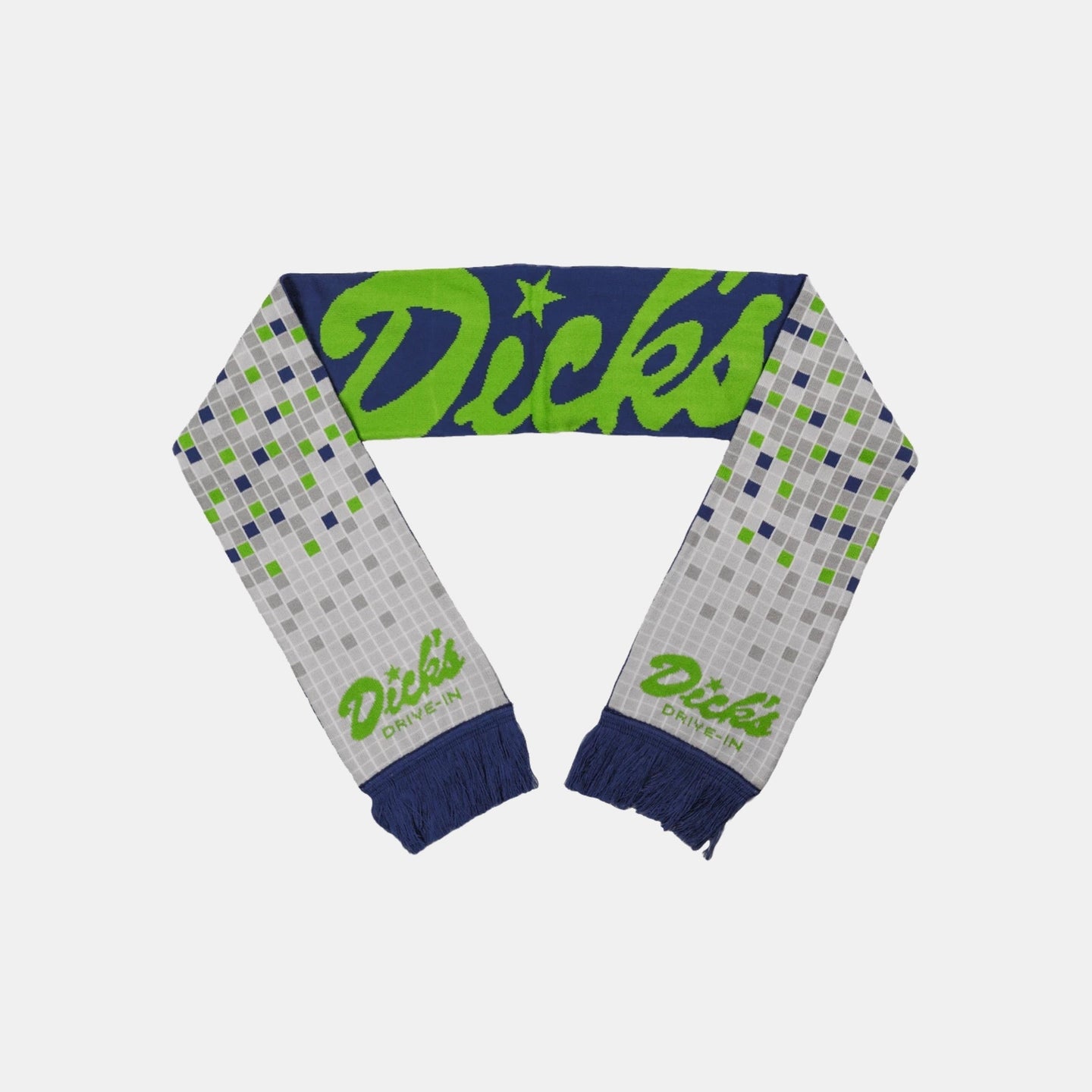 Dick's Drive-In blue/green reversible woven scarf with square tile pattern on one side and Dick's script on the other