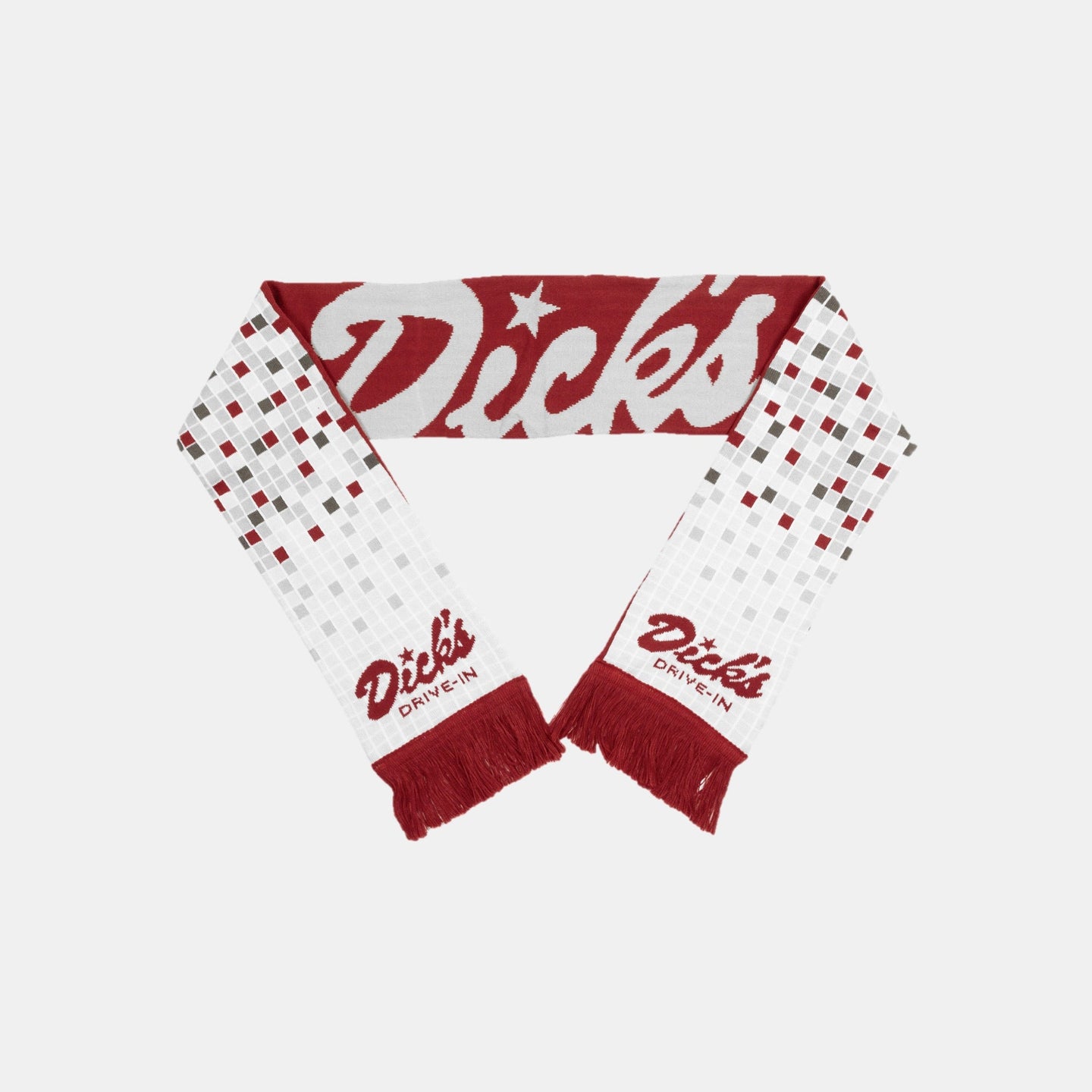 Dick's Drive-In crimson reversible woven scarf with square tile pattern on one side and Dick's script on the other