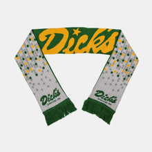 Load image into Gallery viewer, Dick&#39;s Drive-In green/yellow reversible woven scarf with square tile pattern on one side and Dick&#39;s script on the other
