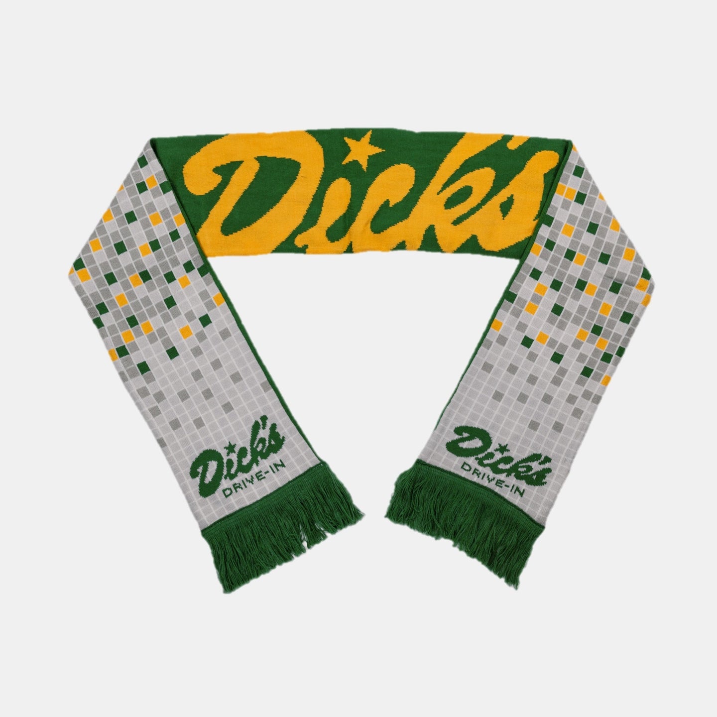 Dick's Drive-In green/yellow reversible woven scarf with square tile pattern on one side and Dick's script on the other