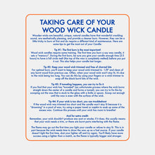 Load image into Gallery viewer, Care instructions for wood wick candles
