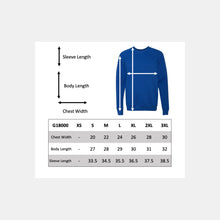Load image into Gallery viewer, G18000 unisex crewneck sweatshirt size chart
