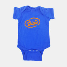 Load image into Gallery viewer, Royal blue baby onesie with orange Dick&#39;s Drive-In cloud logo on front
