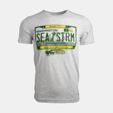Grey t-shirt with green/yellow license plate Washington SEASTRM and other Dick's Drive-In/basketball themed graphics on front