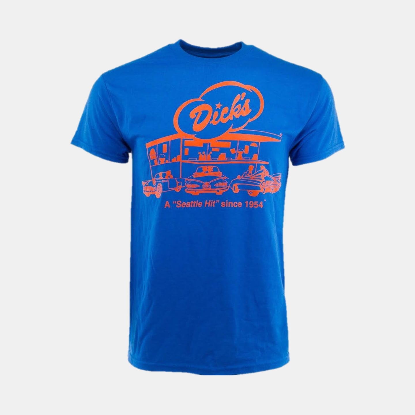 Royal blue t-shirt with orange Dick's Drive-In classic restaurant logo graphic and 