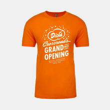 Load image into Gallery viewer, Orange t-shirt with white Dick&#39;s Drive-In cloud/star logo, Crossroads Grand Opening 2021 and making memories tagline on front
