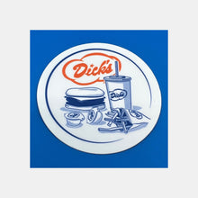 Load image into Gallery viewer, Dick&#39;s Drive-In blue and orange Deluxe, fry, milkshake and condiments graphic circle sticker
