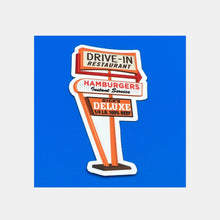 Load image into Gallery viewer, Dick&#39;s Drive-In orange, red, brown and white pylon sign graphic sticker
