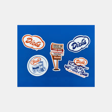 Load image into Gallery viewer, Dick&#39;s Drive-In graphic stickers: orange cloud, blue cloud, classic restaurant logo, pylon sign, Deluxe meal
