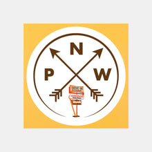 Load image into Gallery viewer, White graphic circle sticker with brown PNW crossing arrows and pylon sign design
