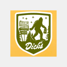 Load image into Gallery viewer, Olive green Sasquatch holding Dick&#39;s Drive-In bag and pylon sign graphic sticker
