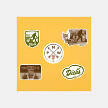Load image into Gallery viewer, Dick&#39;s Drive-In graphic stickers: olive green cloud, Sasquatch patch, WA Sasquatch, Drive-In Country, and Compass/Pylon sign
