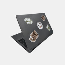 Load image into Gallery viewer, Laptop with 5 miscellaneous olive green, brown and orange Dick&#39;s Drive-In PNW stickers on front
