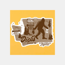 Load image into Gallery viewer, Tan/brown WA state w/ Sasquatch holding Dick&#39;s Drive-In bag, pylon &amp; welcome sign graphic sticker. Eat like a legend tagline
